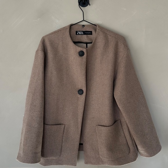 ZARA Wool Blend Jacket with Detachable Scarf Camel Size Small - Picture 4 of 5